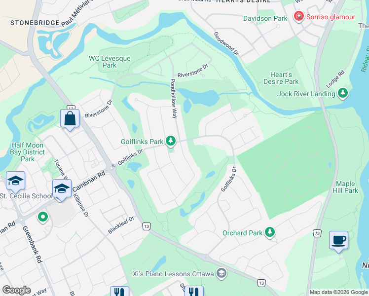 map of restaurants, bars, coffee shops, grocery stores, and more near 6 Blackshire Circle in Ottawa