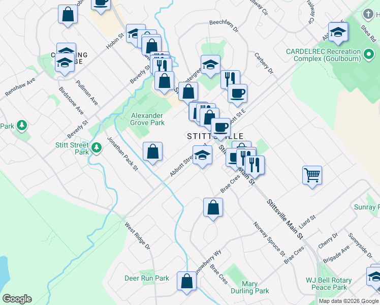 map of restaurants, bars, coffee shops, grocery stores, and more near 6215 Abbott Street West in Ottawa