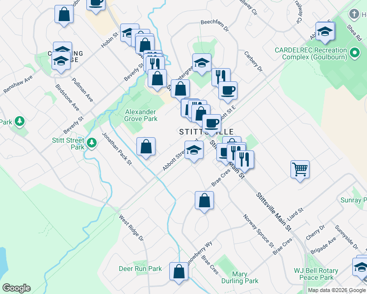 map of restaurants, bars, coffee shops, grocery stores, and more near 6203 Abbott Street West in Ottawa