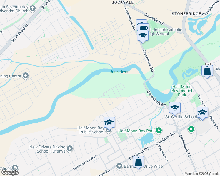 map of restaurants, bars, coffee shops, grocery stores, and more near 233 Bankside Way in Ottawa