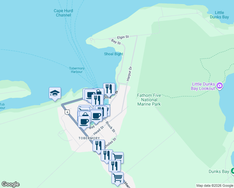 map of restaurants, bars, coffee shops, grocery stores, and more near 60 Bay Street in Tobermory