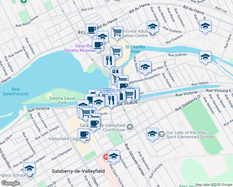 map of restaurants, bars, coffee shops, grocery stores, and more near 7 Rue Hébert in Salaberry-de-Valleyfield