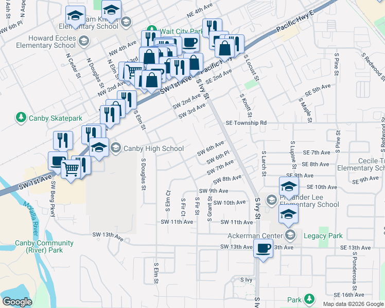 map of restaurants, bars, coffee shops, grocery stores, and more near 352 Southwest 6th Avenue in Canby
