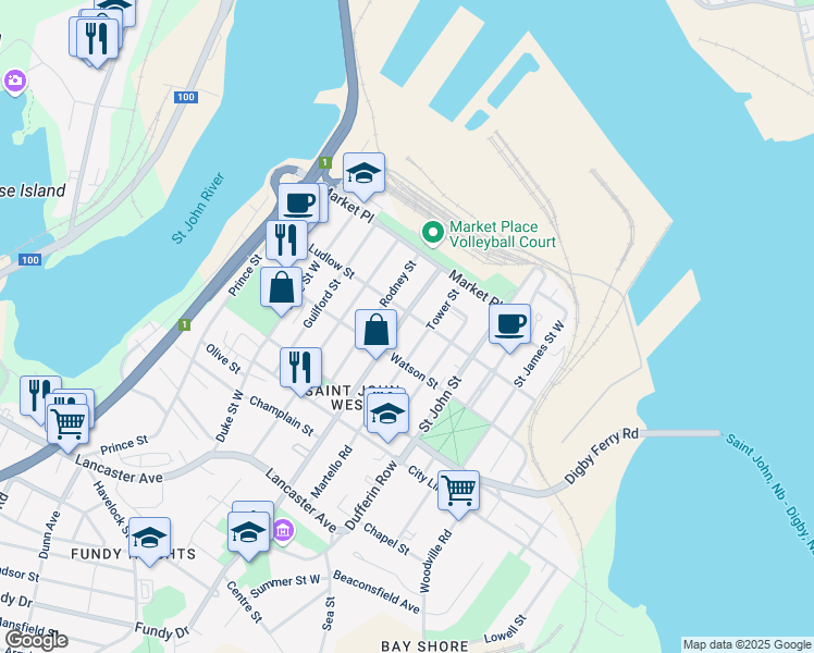 map of restaurants, bars, coffee shops, grocery stores, and more near 160 Charlotte Street West in Saint John