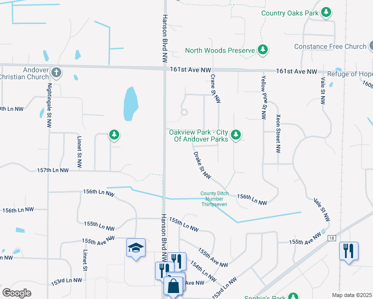map of restaurants, bars, coffee shops, grocery stores, and more near 1540 158th Lane Northwest in Andover