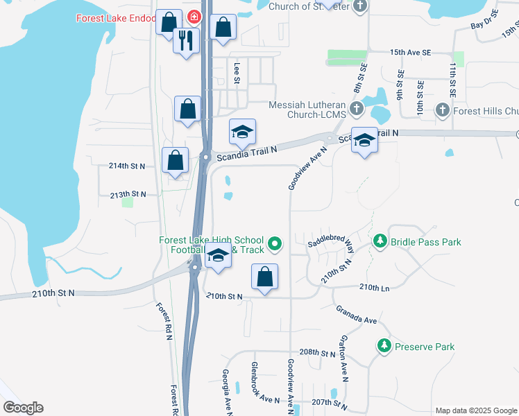 map of restaurants, bars, coffee shops, grocery stores, and more near 6101 Scandia Trail North in Forest Lake