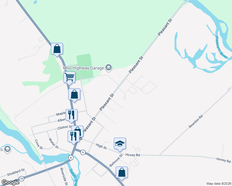 map of restaurants, bars, coffee shops, grocery stores, and more near 37 Pleasant Street in Milo