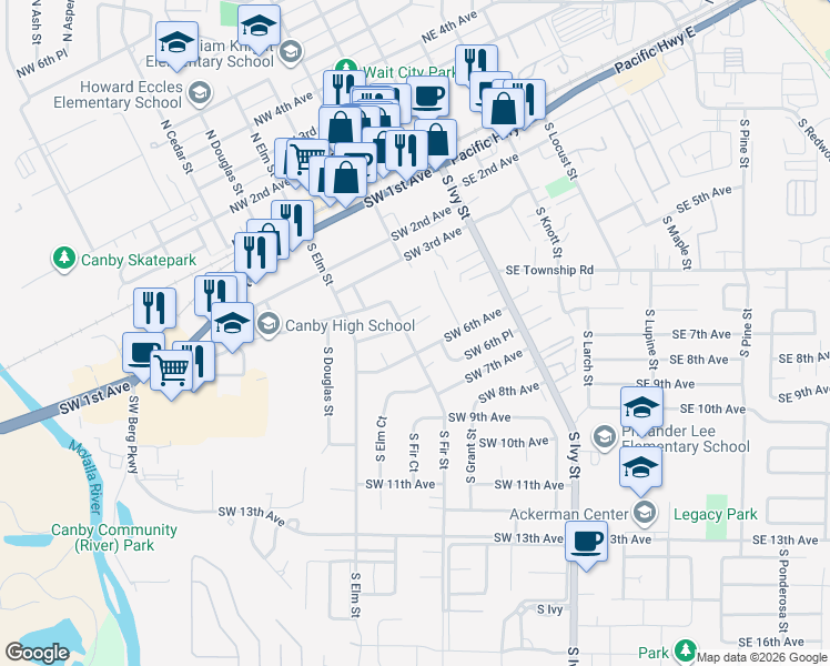map of restaurants, bars, coffee shops, grocery stores, and more near 315 Southwest 5th Court in Canby