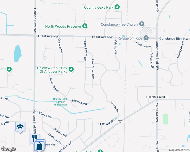 map of restaurants, bars, coffee shops, grocery stores, and more near 15846 Vale Street Northwest in Andover