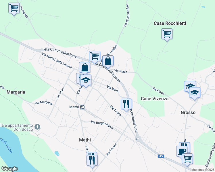 map of restaurants, bars, coffee shops, grocery stores, and more near 5 Via Grosso in Mathi