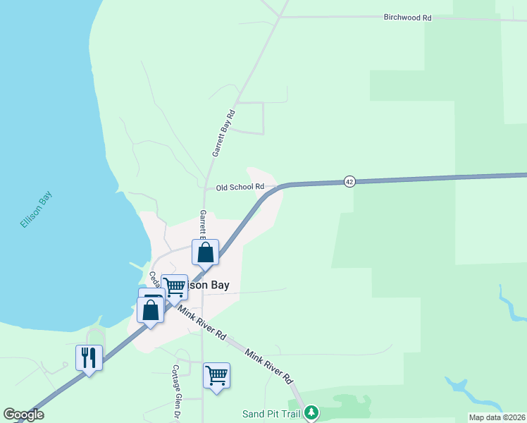 map of restaurants, bars, coffee shops, grocery stores, and more near 12084 Wisconsin 42 in Ellison Bay