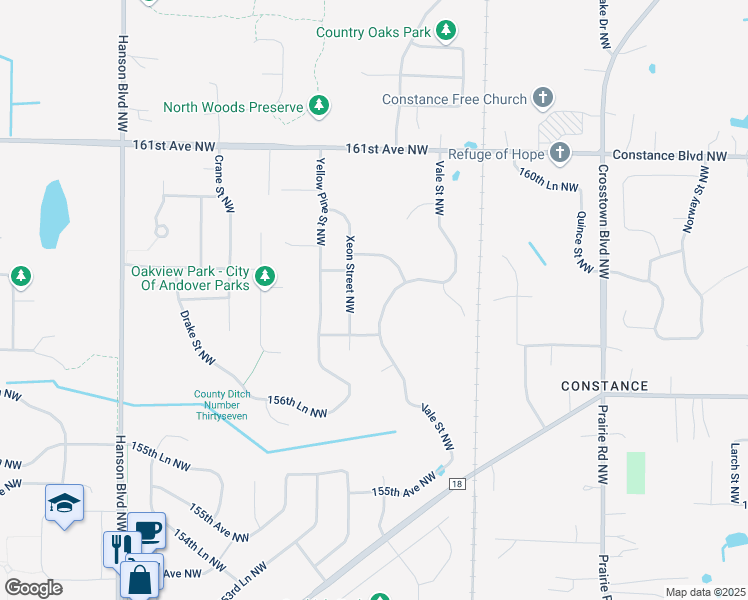 map of restaurants, bars, coffee shops, grocery stores, and more near 15846 Vale Street Northwest in Andover