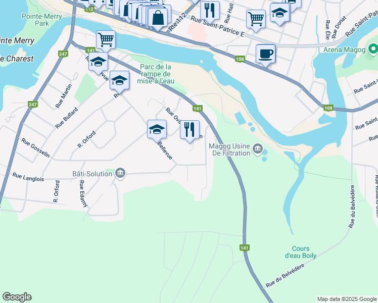 map of restaurants, bars, coffee shops, grocery stores, and more near 386 Rue Elzéar Saint Jean in Magog