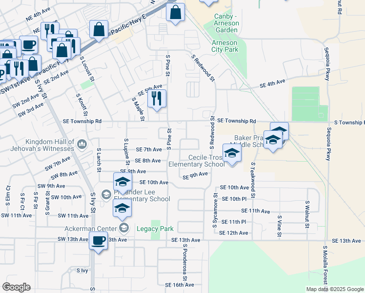 map of restaurants, bars, coffee shops, grocery stores, and more near 688 South Ponderosa Street in Canby