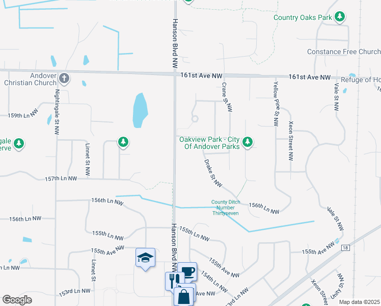 map of restaurants, bars, coffee shops, grocery stores, and more near 1552 158th Lane Northwest in Andover