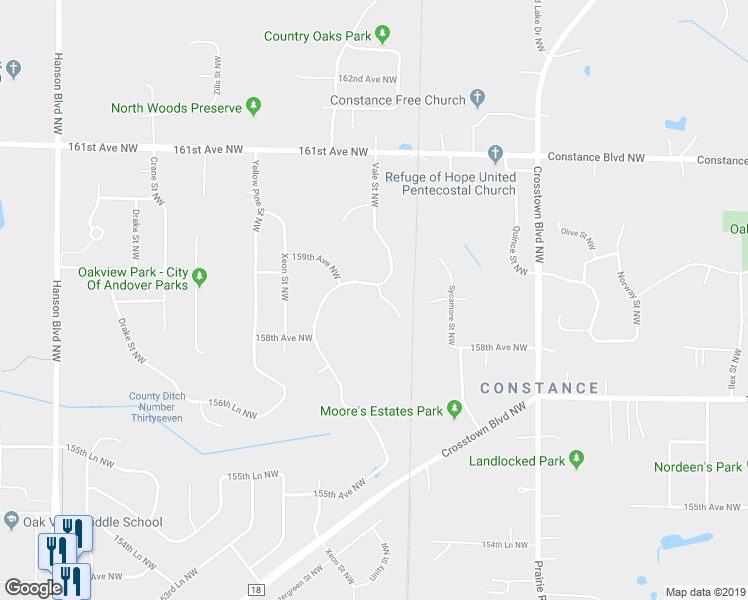 map of restaurants, bars, coffee shops, grocery stores, and more near 1076 159th Lane Northwest in Andover