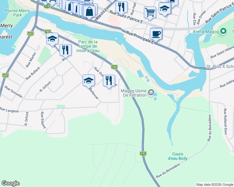 map of restaurants, bars, coffee shops, grocery stores, and more near 325 Rue Chénier in Magog