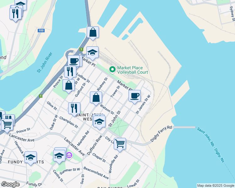 map of restaurants, bars, coffee shops, grocery stores, and more near 9 Dominion Court in Saint John
