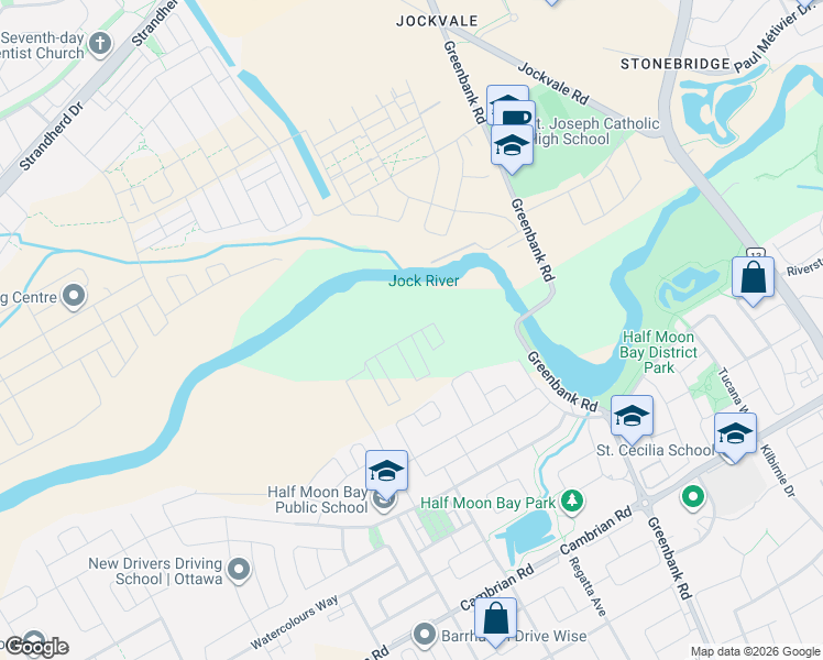map of restaurants, bars, coffee shops, grocery stores, and more near 257 Bankside Way in Ottawa
