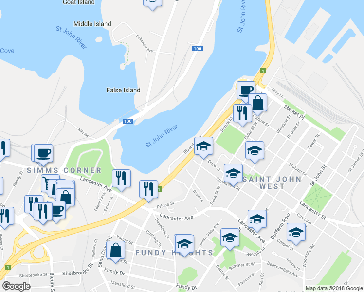 map of restaurants, bars, coffee shops, grocery stores, and more near 350 Riverview Drive in Saint John