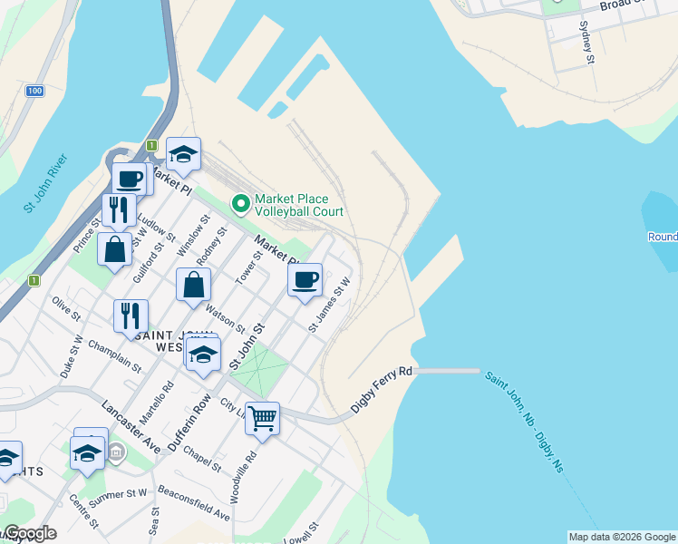 map of restaurants, bars, coffee shops, grocery stores, and more near 26 Blue Rock Court in Saint John