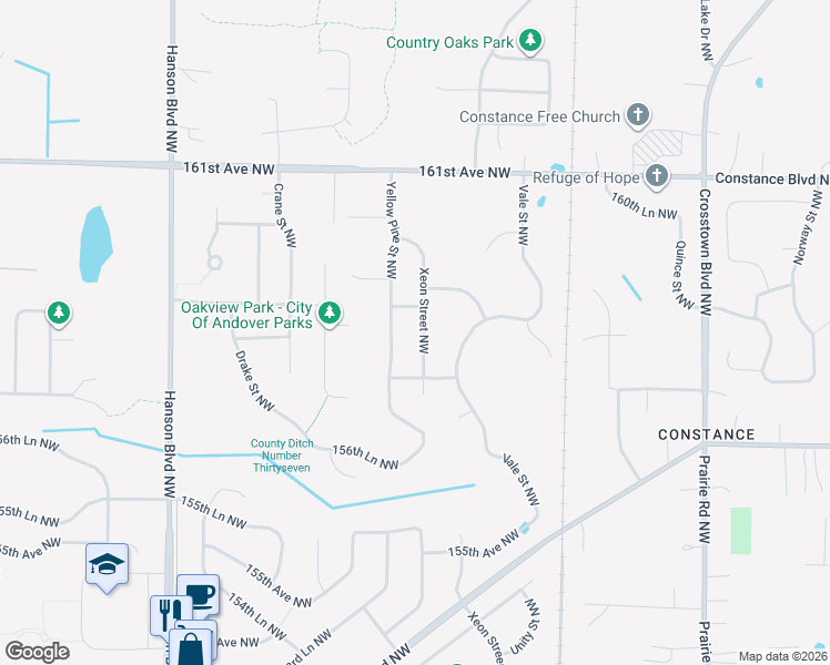 map of restaurants, bars, coffee shops, grocery stores, and more near 15866 Xeon Street Northwest in Andover