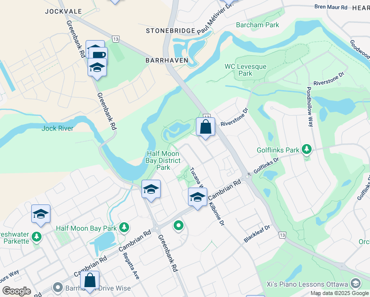 map of restaurants, bars, coffee shops, grocery stores, and more near 2594 Half Moon Bay Road in Ottawa