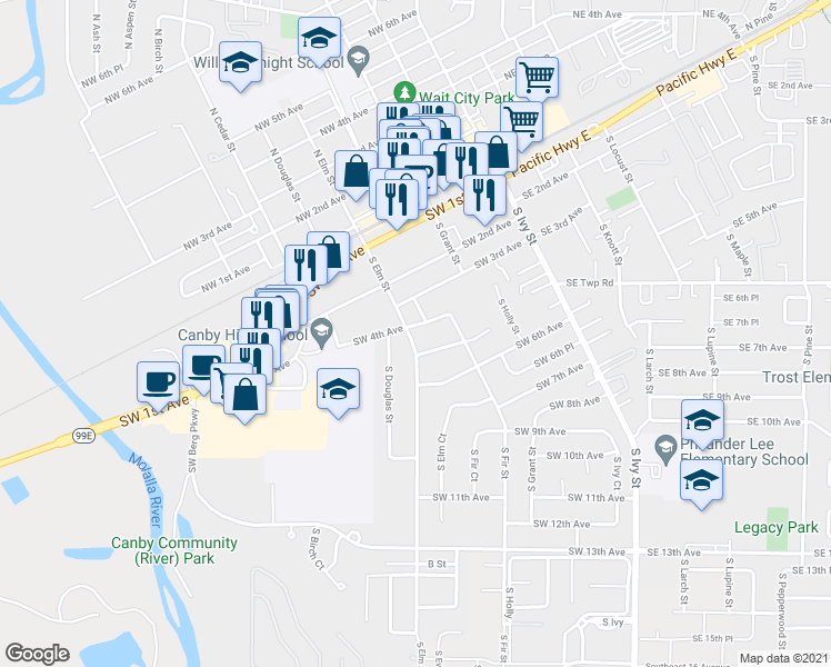 map of restaurants, bars, coffee shops, grocery stores, and more near 400 South Elm Street in Canby