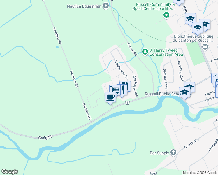 map of restaurants, bars, coffee shops, grocery stores, and more near 119 Broadway Avenue in Russell