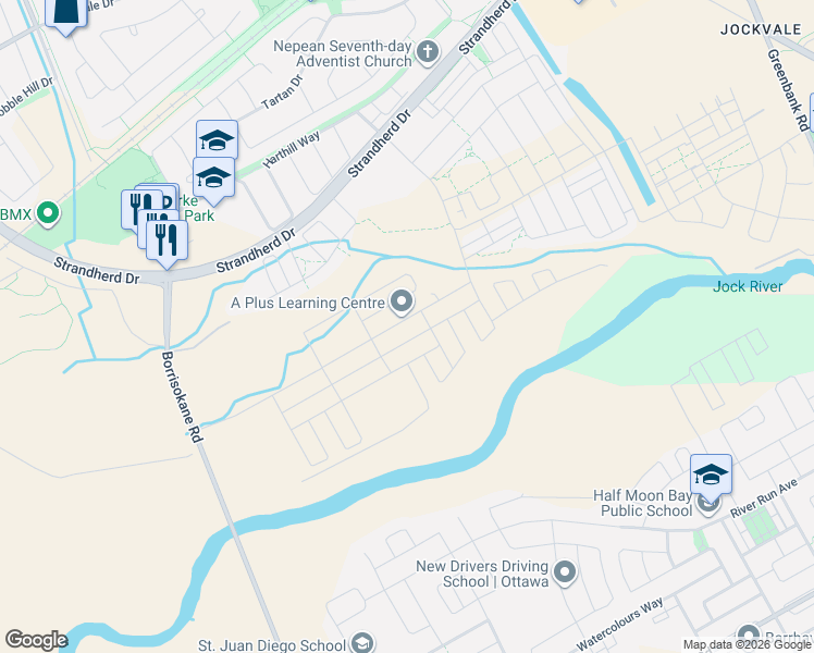 map of restaurants, bars, coffee shops, grocery stores, and more near 199 Conservancy Drive in Ottawa