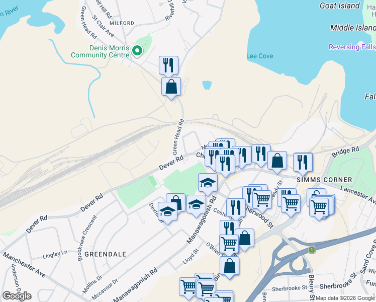 map of restaurants, bars, coffee shops, grocery stores, and more near 98 Church Avenue in Saint John