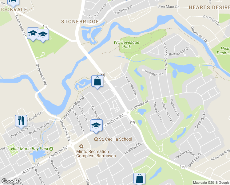 map of restaurants, bars, coffee shops, grocery stores, and more near 3506 Longfields Drive in Ottawa