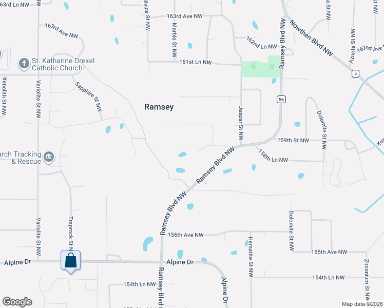 map of restaurants, bars, coffee shops, grocery stores, and more near 7020 158th Lane Northwest in Ramsey