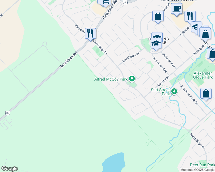 map of restaurants, bars, coffee shops, grocery stores, and more near 36 Steggall Crescent in Ottawa