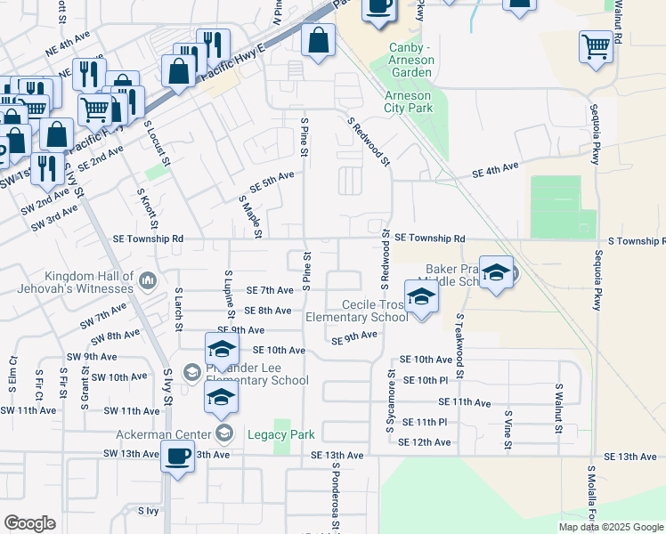 map of restaurants, bars, coffee shops, grocery stores, and more near 688 South Ponderosa Street in Canby
