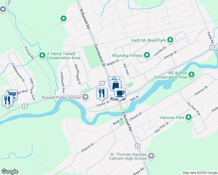 map of restaurants, bars, coffee shops, grocery stores, and more near 1106 Concession Street in Russell