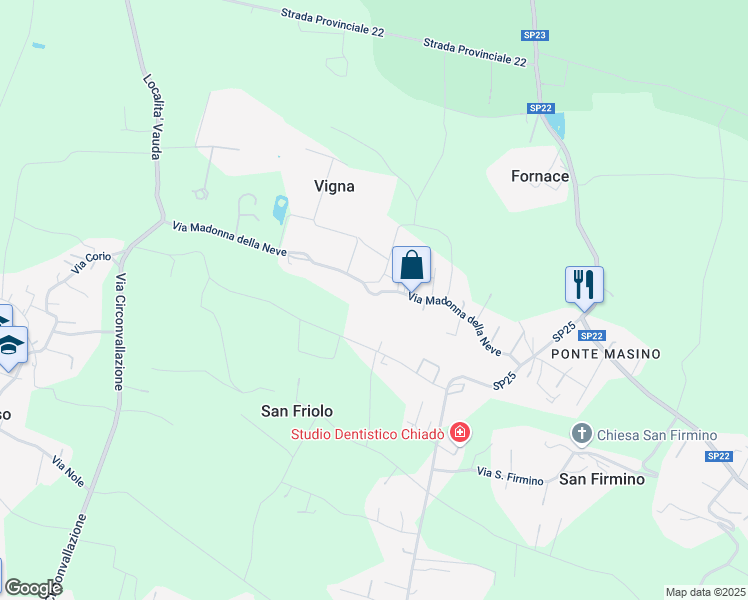 map of restaurants, bars, coffee shops, grocery stores, and more near 55 Via Madonna della Neve in Vauda