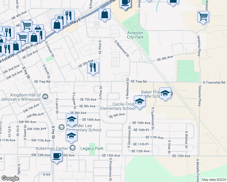 map of restaurants, bars, coffee shops, grocery stores, and more near 610 South Ponderosa Court in Canby