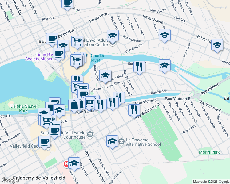 map of restaurants, bars, coffee shops, grocery stores, and more near 17 Rue Saint-Isidore in Salaberry-de-Valleyfield