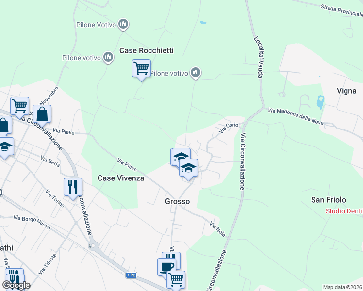 map of restaurants, bars, coffee shops, grocery stores, and more near 22 Via Cittadella in Grosso