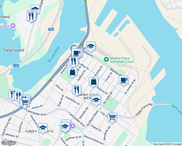 map of restaurants, bars, coffee shops, grocery stores, and more near in Saint John