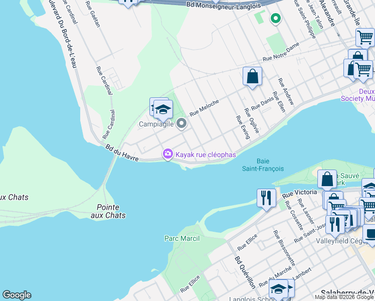 map of restaurants, bars, coffee shops, grocery stores, and more near 23 Rue Caroline in Salaberry-de-Valleyfield