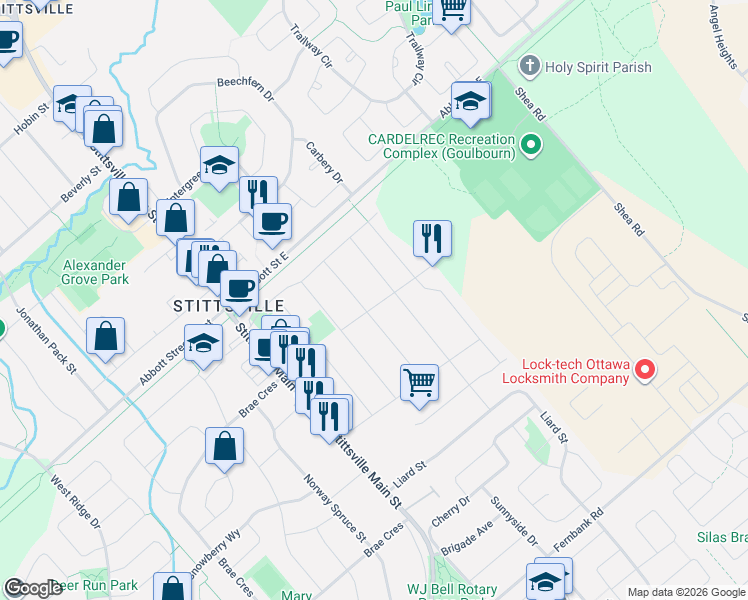 map of restaurants, bars, coffee shops, grocery stores, and more near 16 Evelyn Street in Ottawa
