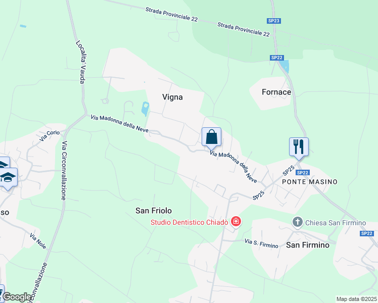 map of restaurants, bars, coffee shops, grocery stores, and more near 55 Via Madonna della Neve in Vauda
