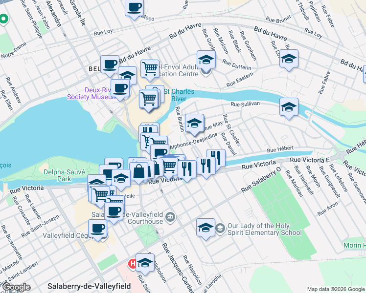 map of restaurants, bars, coffee shops, grocery stores, and more near 102 Rue Alphonse-Desjardins in Salaberry-de-Valleyfield