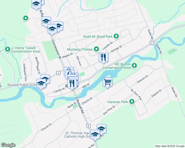 map of restaurants, bars, coffee shops, grocery stores, and more near 251 Castor Street in Russell