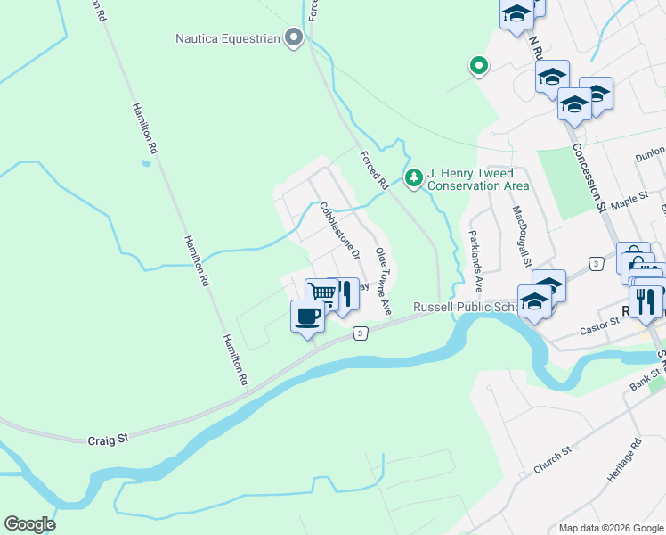 map of restaurants, bars, coffee shops, grocery stores, and more near 20 Pebblemill Lane in Russell