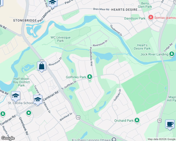 map of restaurants, bars, coffee shops, grocery stores, and more near 11 Bracewood Way in Ottawa