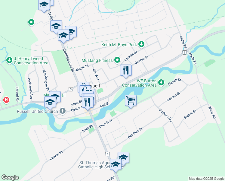 map of restaurants, bars, coffee shops, grocery stores, and more near 263 Castor Street in Russell