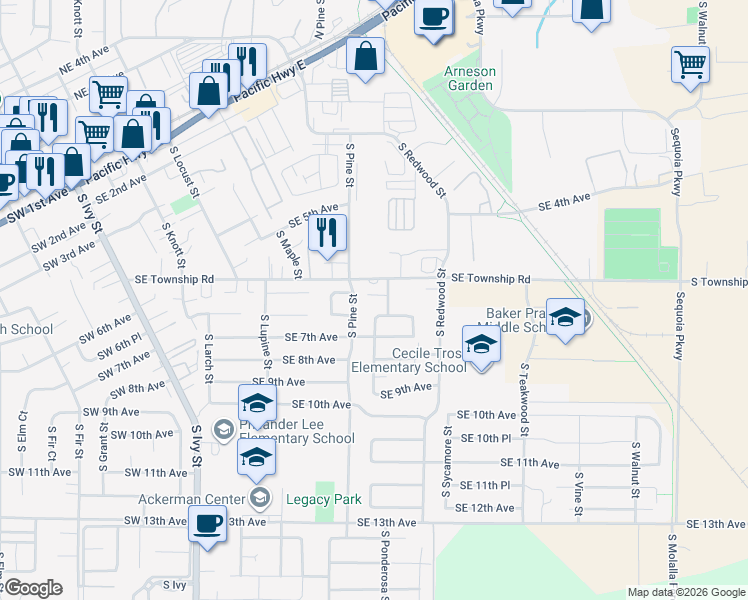 map of restaurants, bars, coffee shops, grocery stores, and more near 1296 South Township Road in Canby